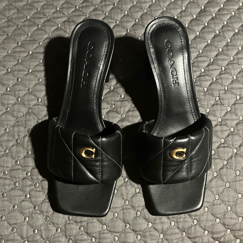 Coach Black Quilted Mules with Gold Accent